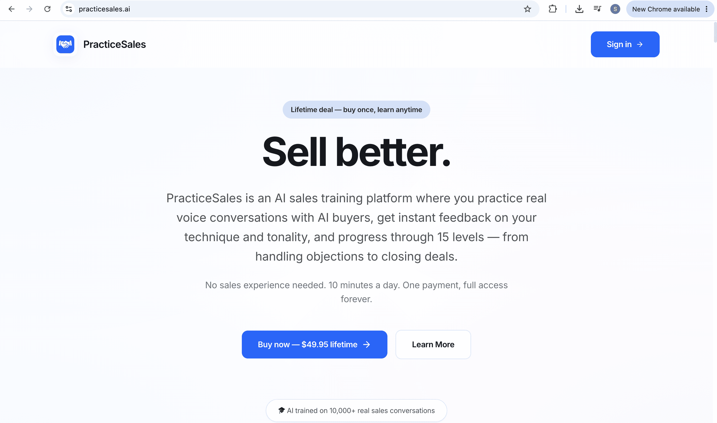 PracticeSales landing page — Sell better with AI voice training