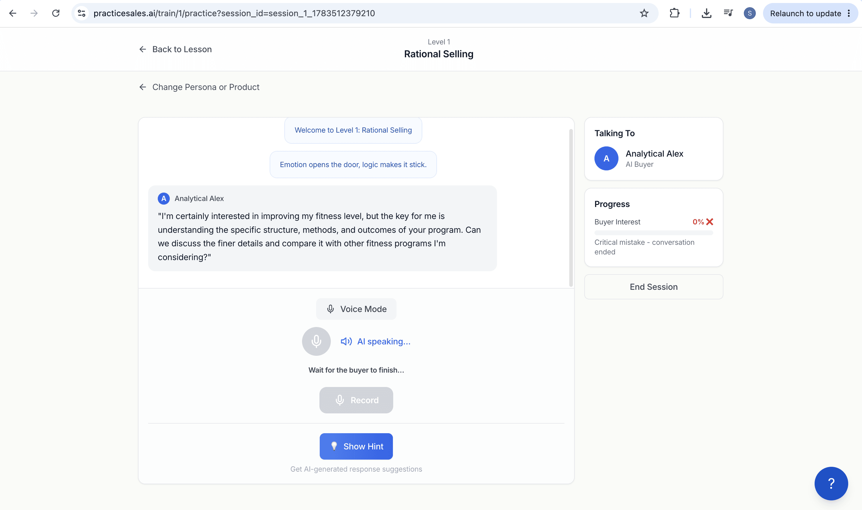 PracticeSales live voice session with buyer interest meter