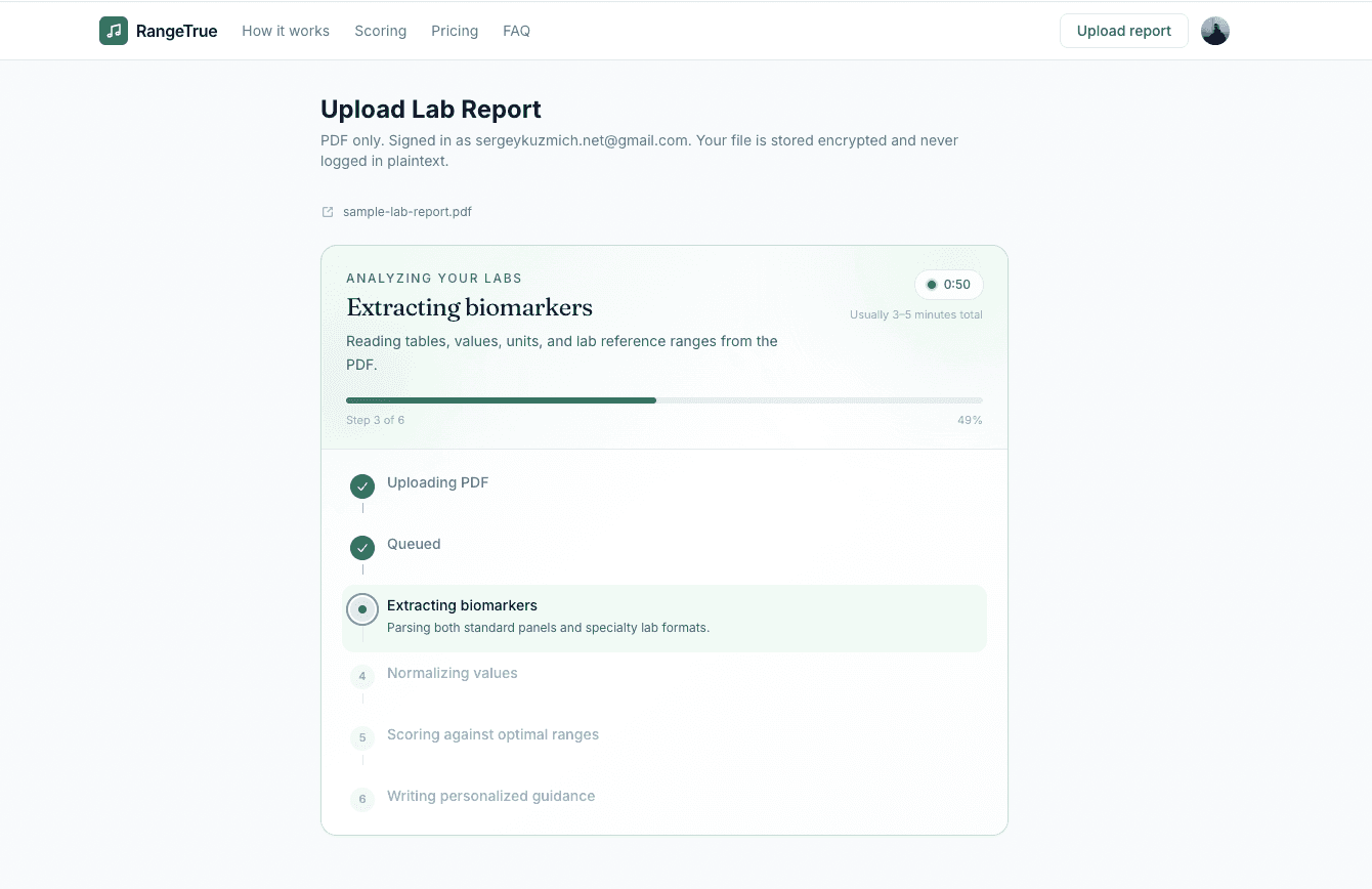 RangeTrue analyzing lab report — extracting biomarkers from PDF