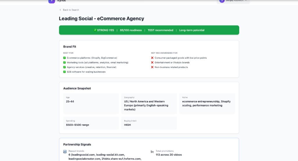 Vyrex channel profile — brand fit, audience snapshot, and partnership signals