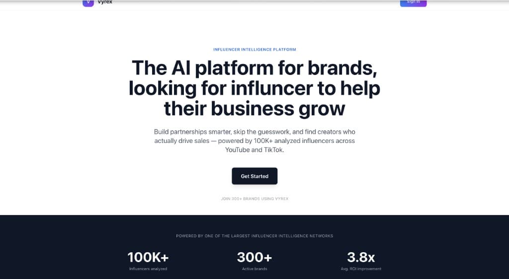 Vyrex landing page — influencer intelligence platform for brands