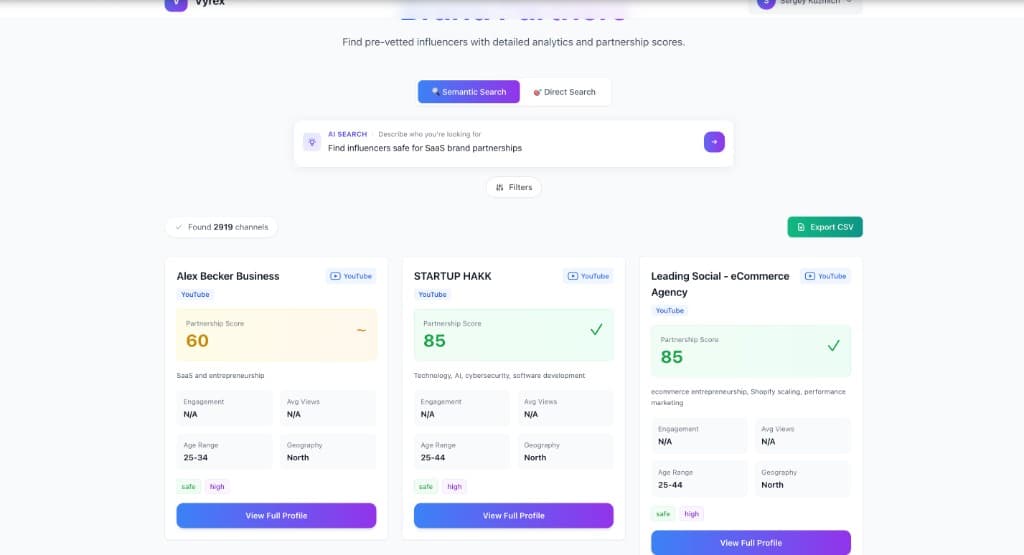 Vyrex search results — ranked YouTube channels with partnership scores