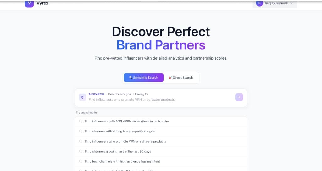 Vyrex semantic search — discover brand partners with natural language